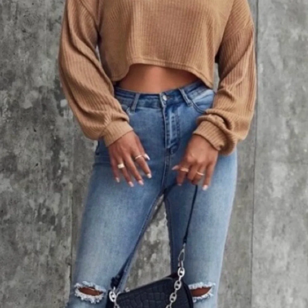 Cropped Tan Ribbed Knit Sweater - Picture 3 of 7